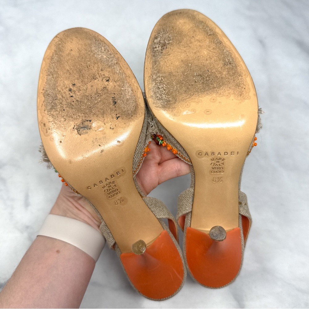 CASADEI Vintage Y2K Shell Beaded Burlap Canvas Leather Slingback Heels 2000s 8.5 - Picture 12 of 16